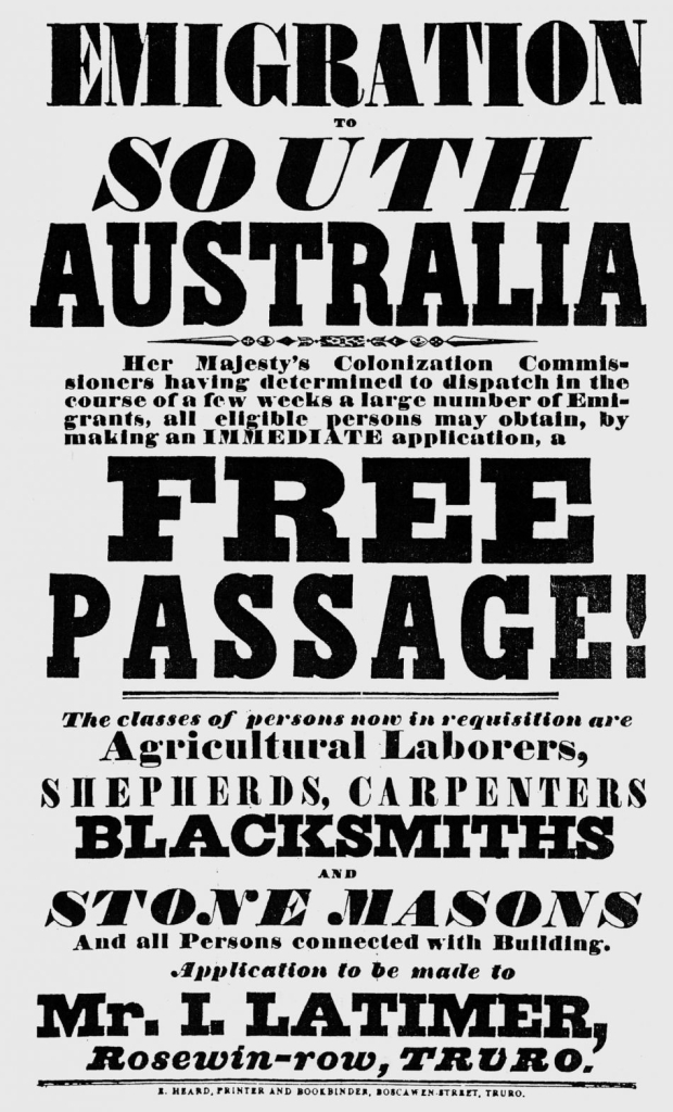 Cornwall to Australia Emigration Poster, 1840s